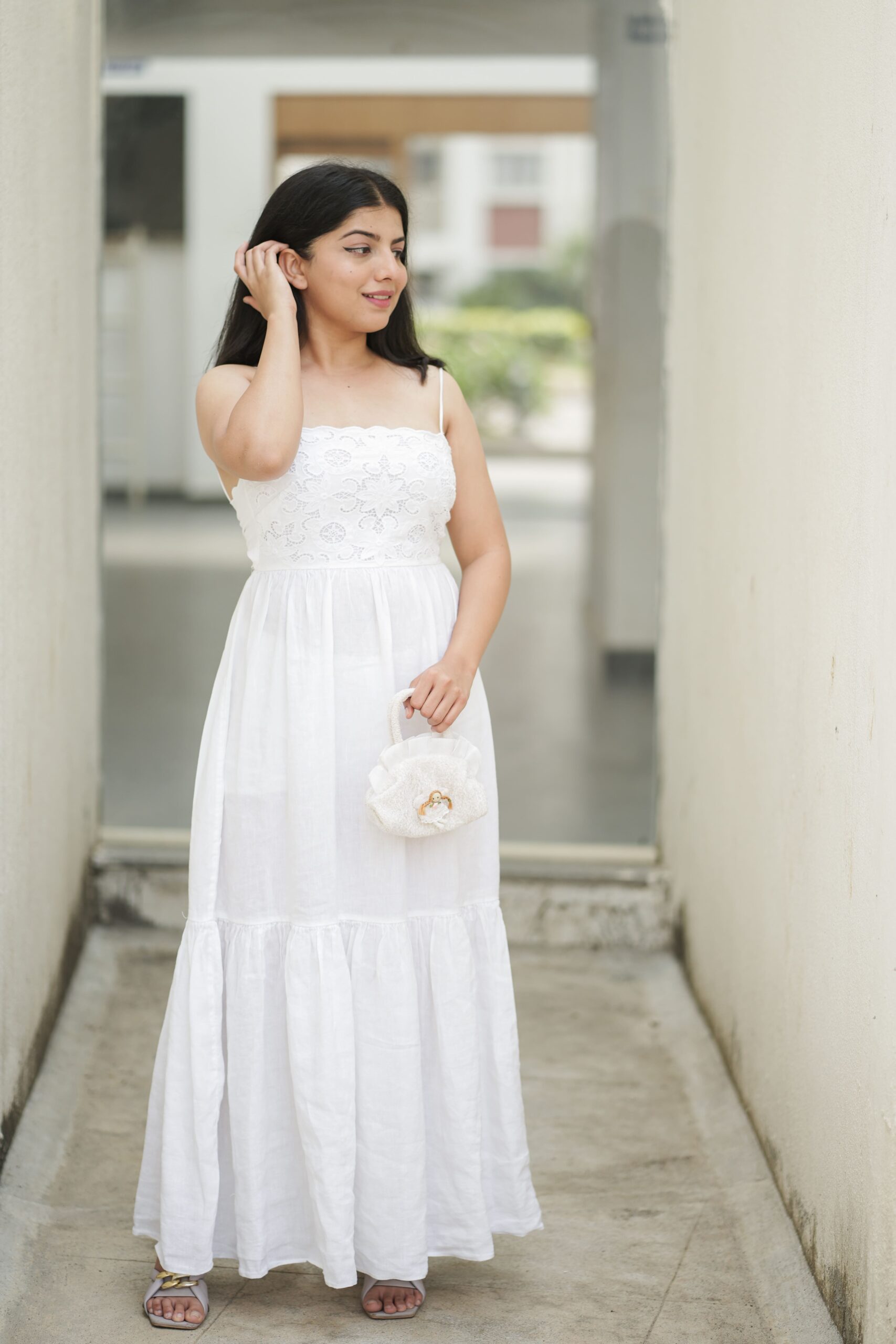 White Long Flared Maxi Dress with Self-tie Back