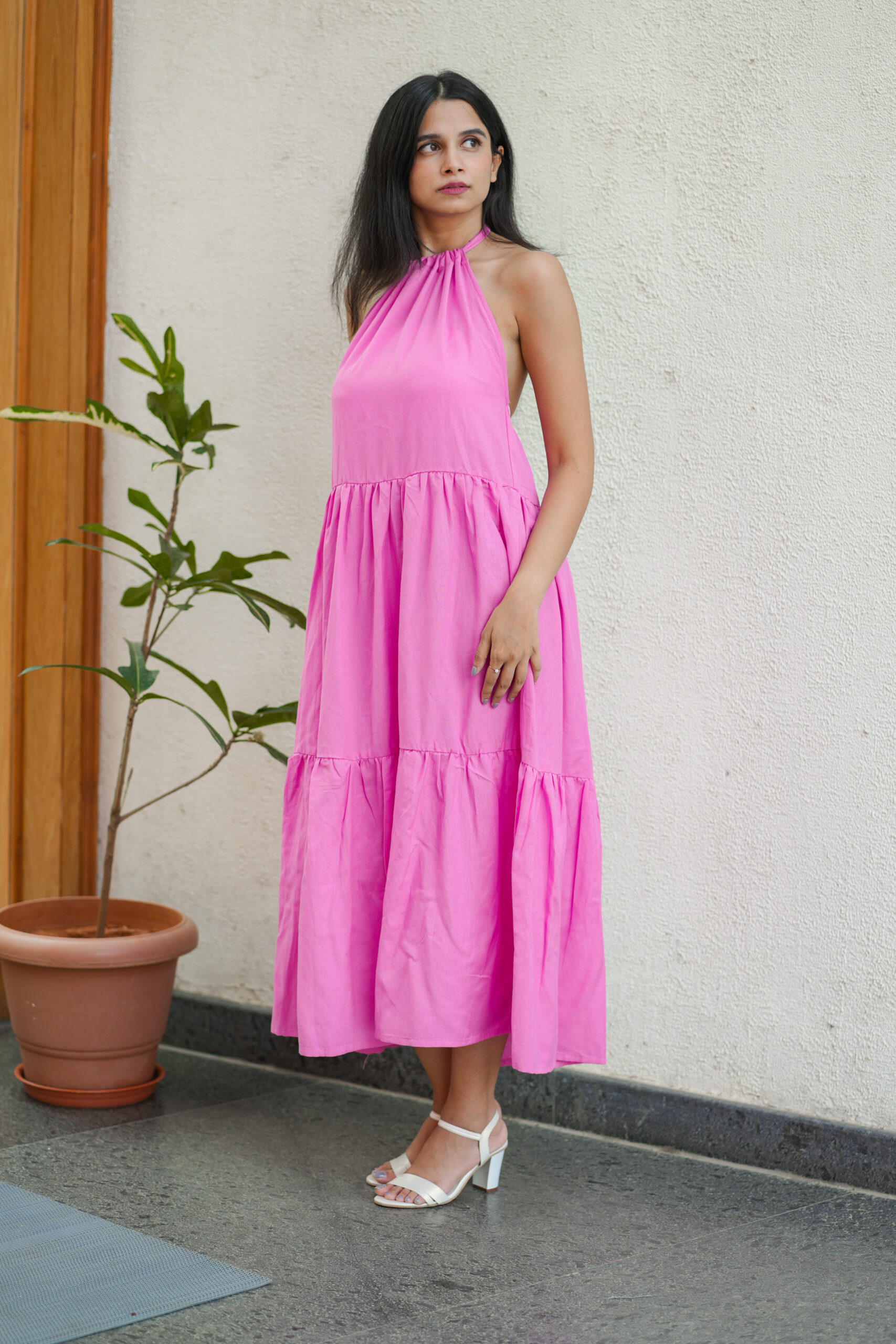 Carissma Pink Backless Halter-neck Maxi Dress